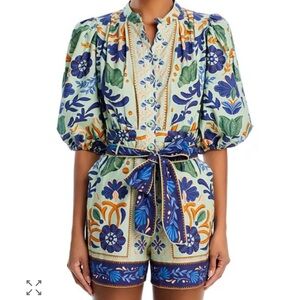 Farm Rio Ocean Tapestry Belted Floral Puff Sleeve Romper
